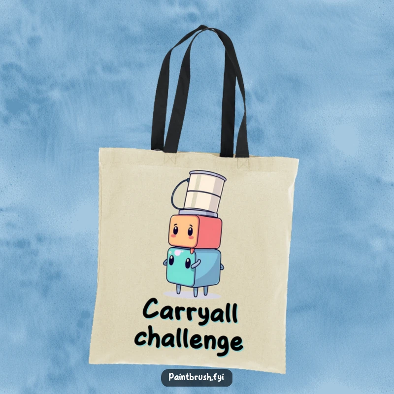 Funny cube character precariously balancing a stack of paint cans on its head, ready for art class, on a durable tote bag.