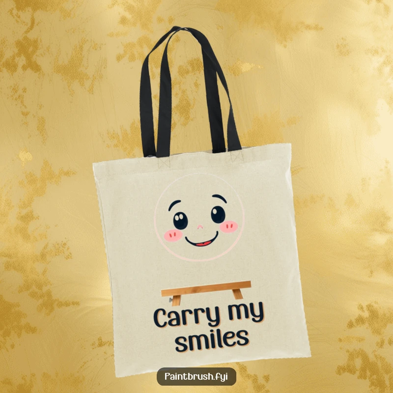 Funny tote bag showing a determined paintbrush character focused on painting a bright, happy smiley face.