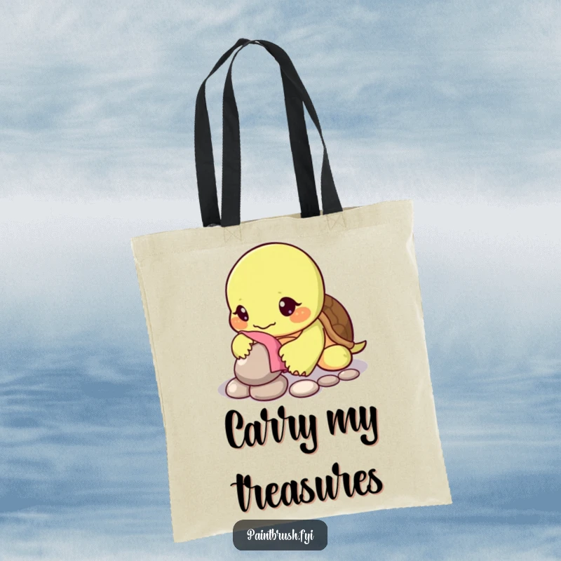 Funny tote bag illustrated with a turtle character carefully polishing a single shiny pebble, representing slow dedication.