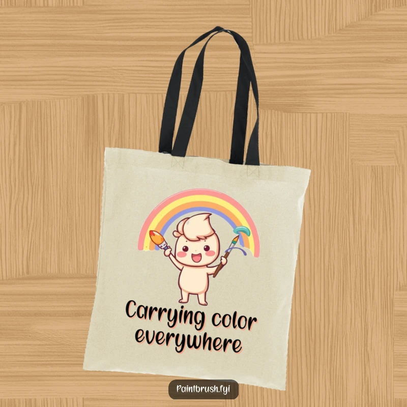 Funny Tote Bag: A paintbrush character enthusiastically painting a rainbow, a cheerful and practical accessory for art lovers.