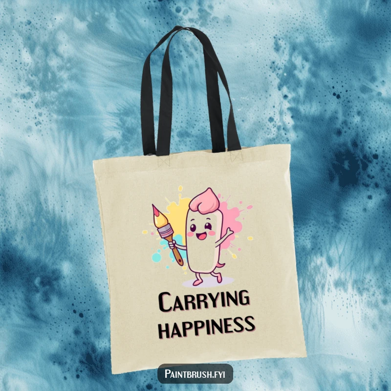 Funny tote bag depicting a happy paintbrush character dancing with a vibrant paint splotch, perfect for carrying art essentials.