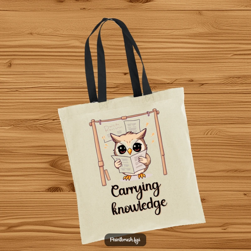 Funny owl tote bag showing a confused owl trying to read instructions upside down on a canvas, for carrying art supplies.