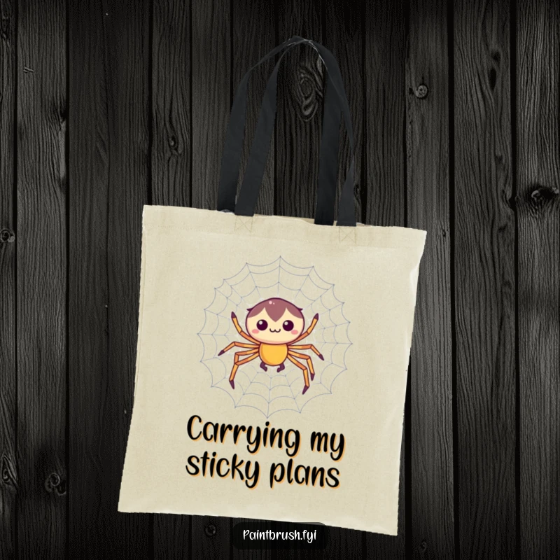Funny tote bag with a focused spider character weaving a perfectly symmetrical web, great for carrying essentials with artistic flair.