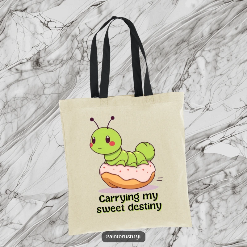 Funny tote bag depicting a determined caterpillar on a runaway rolling donut, perfect for carrying essentials with a humorous, fast-paced vibe.