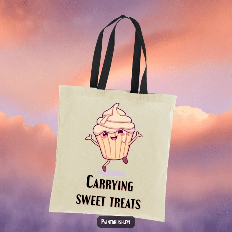 Funny Tote Bag with a smiling cupcake character, frosting dripping, doing a cartwheel, perfect for sweet errands.