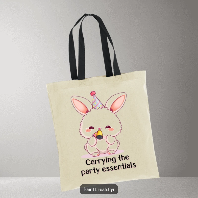 Funny Bunny Tote Bag featuring a joyful character in a party hat blowing a noisemaker, packed with celebratory energy.