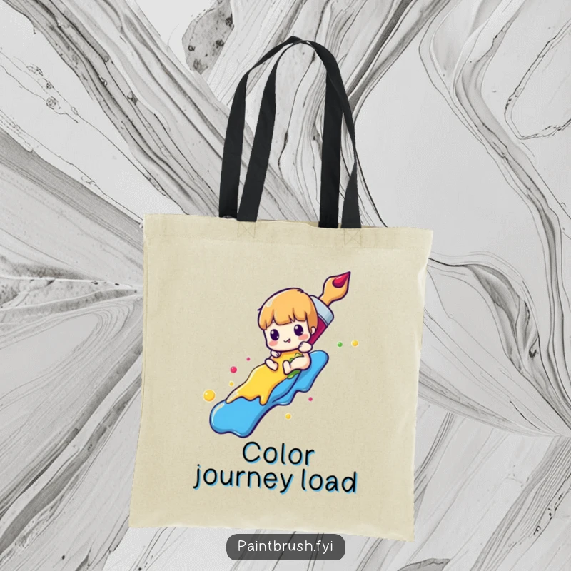 Funny paintbrush tote bag with a character sliding down a rainbow of colorful paint, ideal for carrying art supplies with fun.