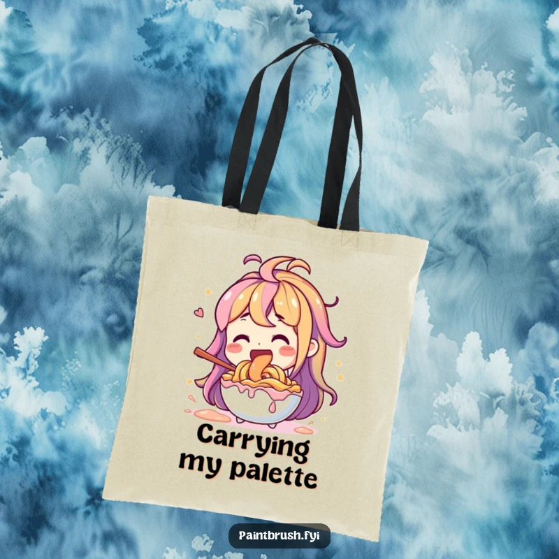 Funny character enthusiastically mixing vibrant paint colors with a large stirring tool, a humorous tote bag.