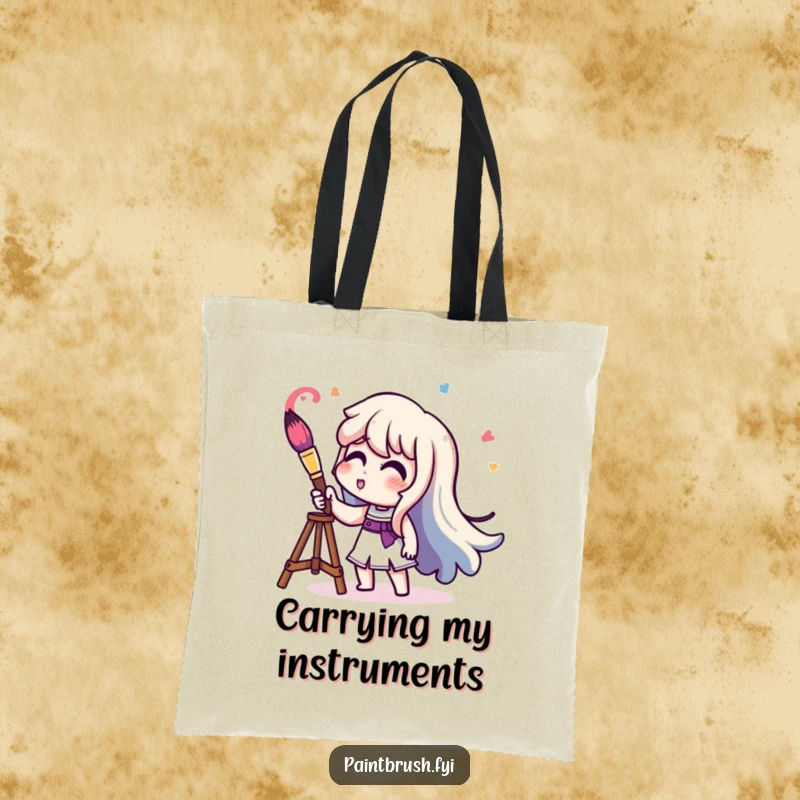 Funny character playing a paintbrush like a trumpet, emitting colorful sound waves, a humorous tote bag.