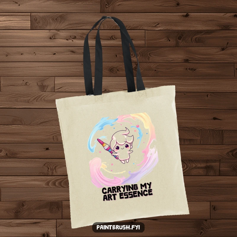 Funny tote bag showcasing a dreamy paintbrush character gently floating among expressive, swirling paint strokes, perfect for art supplies.