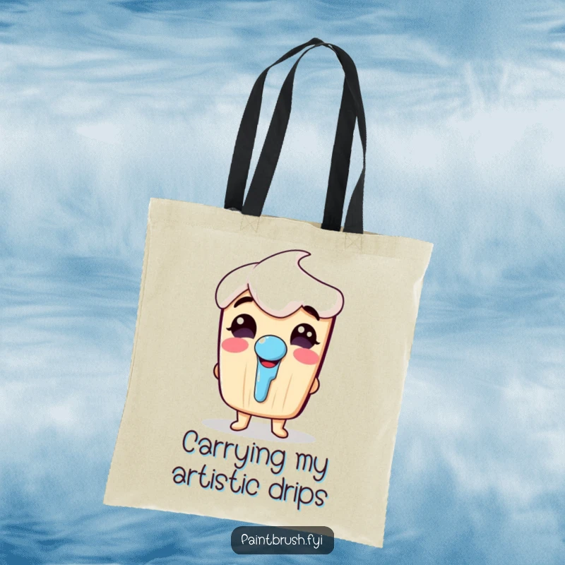 Funny tote bag showcasing a lively paintbrush character in mid-giggle, complete with a cute paint drip nose.