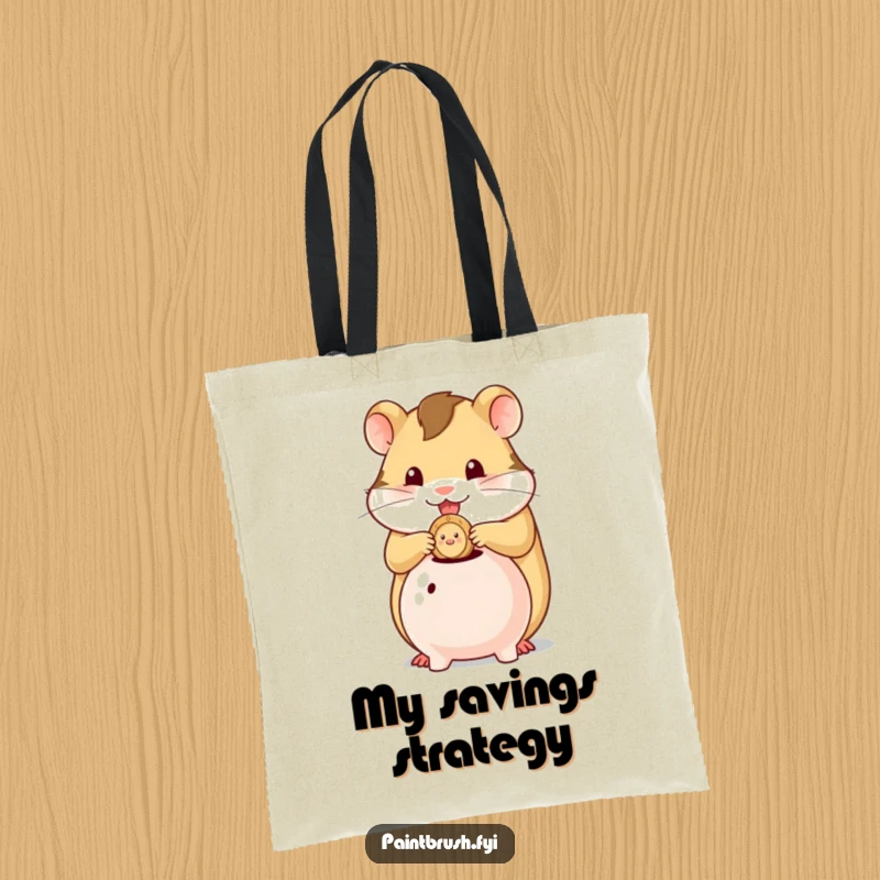Funny tote bag illustrated with a hamster character stuffing a single coin into a tiny piggy bank, celebrating frugality.