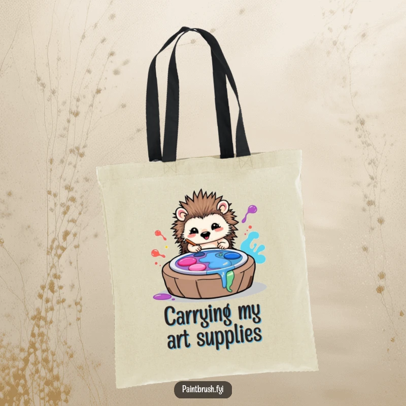 Funny tote bag depicting a cheerful hedgehog artist creating vibrant art by rolling in colorful paint palettes, great for carrying essentials.