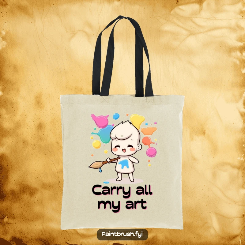 Funny tote bag showing a lively paintbrush character juggling bright paint blobs, perfect for carrying art supplies.