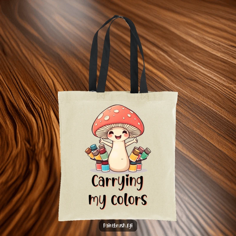 Funny mushroom tote bag showing a cheerful mushroom struggling to balance numerous tiny paint pots, designed for artists.
