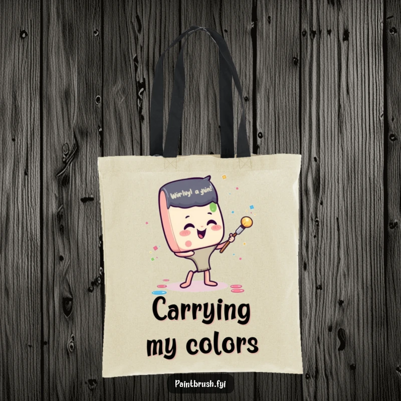 Funny tote bag showcasing a delighted paintbrush character scattering paint confetti with infectious glee, perfect for carrying art supplies.
