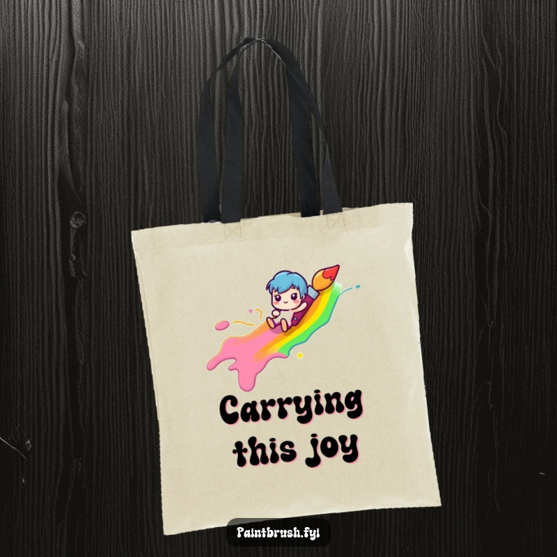 Funny paintbrush character sliding down a rainbow paint streak, on a durable tote bag, a funny and practical art gift.