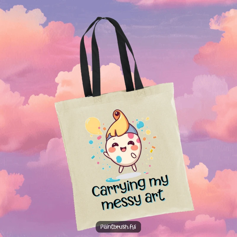 Funny paintbrush tote bag showing a small, round character joyfully splattering paint, spacious and artistic.