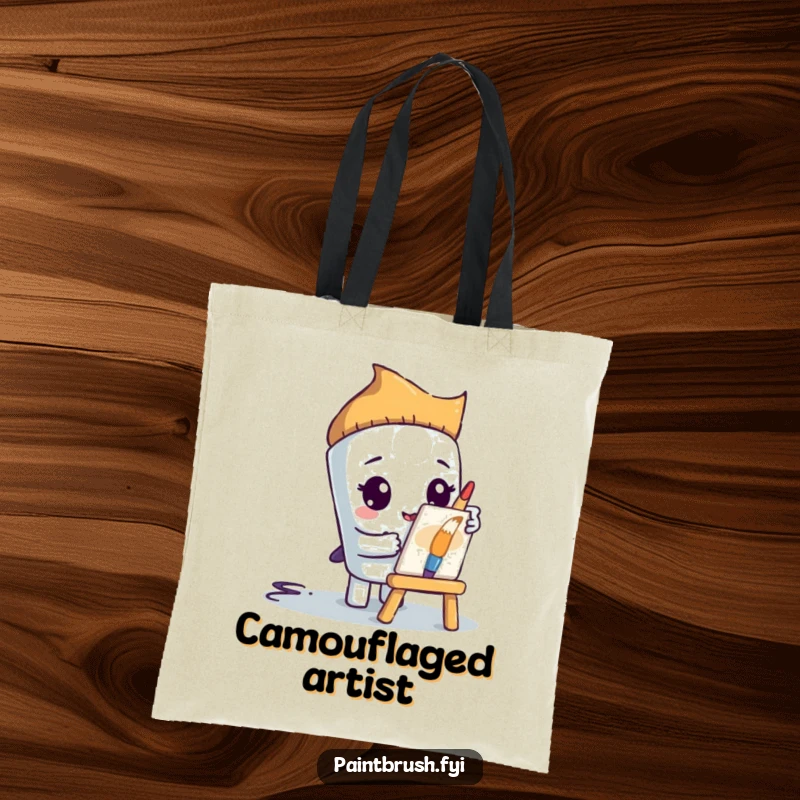 Funny paintbrush character hiding behind a small easel, on a durable tote bag, a funny and practical shy art gift.