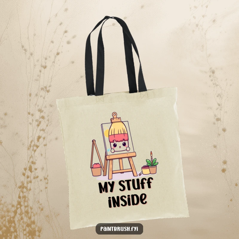 Funny Tote Bag: A shy paintbrush character peeks from behind a colossal art easel, perfect for humorously carrying art supplies discreetly.