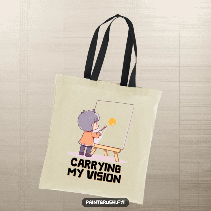 Funny character painting a single, bright dot on a large canvas, depicted on a practical and stylish tote bag.