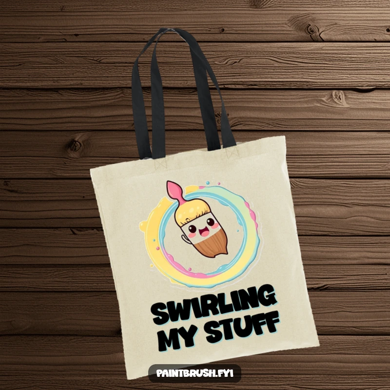 Funny Tote Bag: Paintbrush character enthusiastically splashing paint in a dynamic spiral, a stylish and humorous accessory.