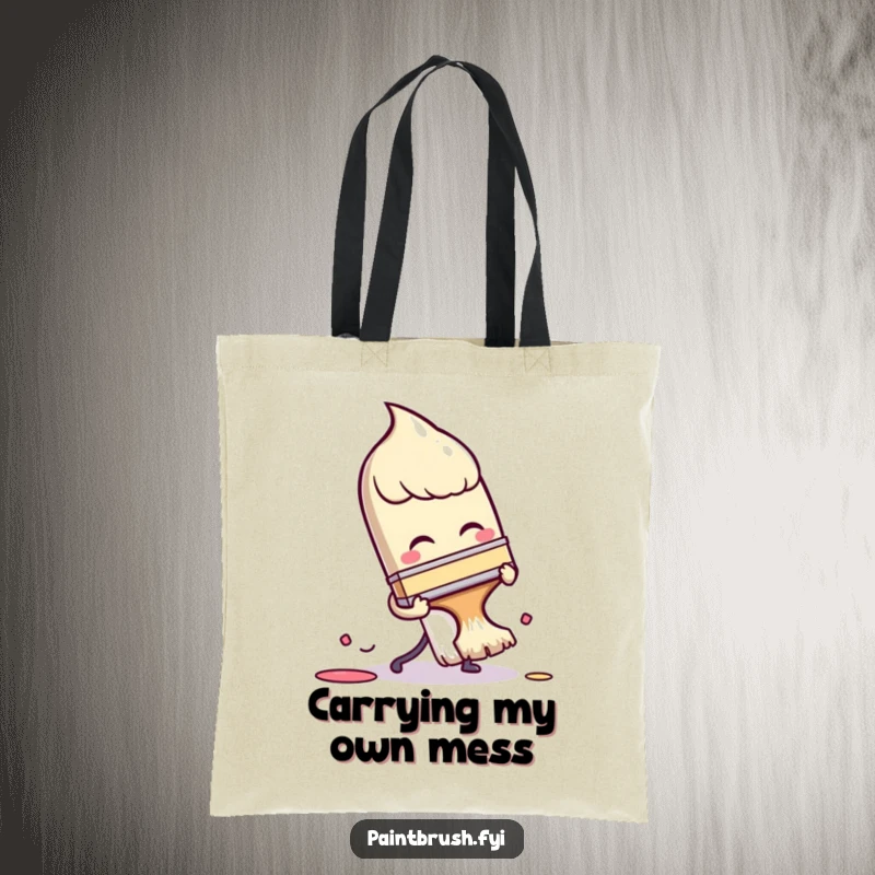 Funny Tote Bag: A paintbrush character comically tripping over its own bristles, a humorous accessory for carrying art supplies.