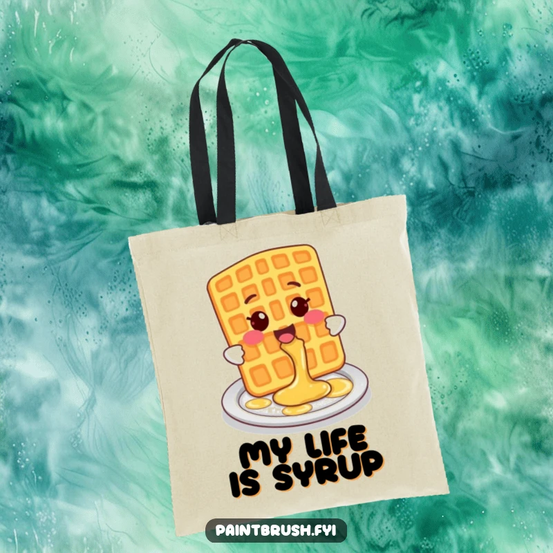 Funny Tote Bag illustrating a smiling waffle character playfully splashing syrup onto a plate during a delightful breakfast moment.