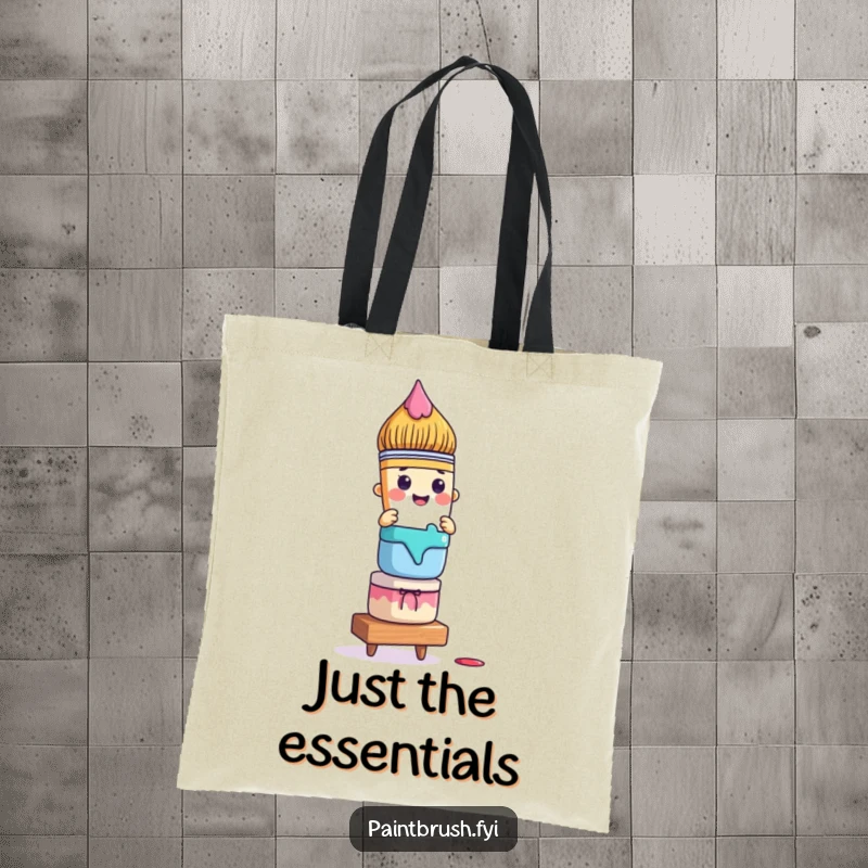 Funny paintbrush tote bag featuring a character precariously balancing colorful paint pots, ideal for carrying art supplies with humor.