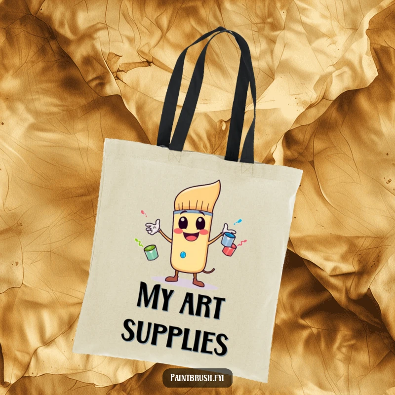 Funny tote bag with a lively paintbrush character artistically juggling three small, animated paint pots, ideal for carrying art supplies.