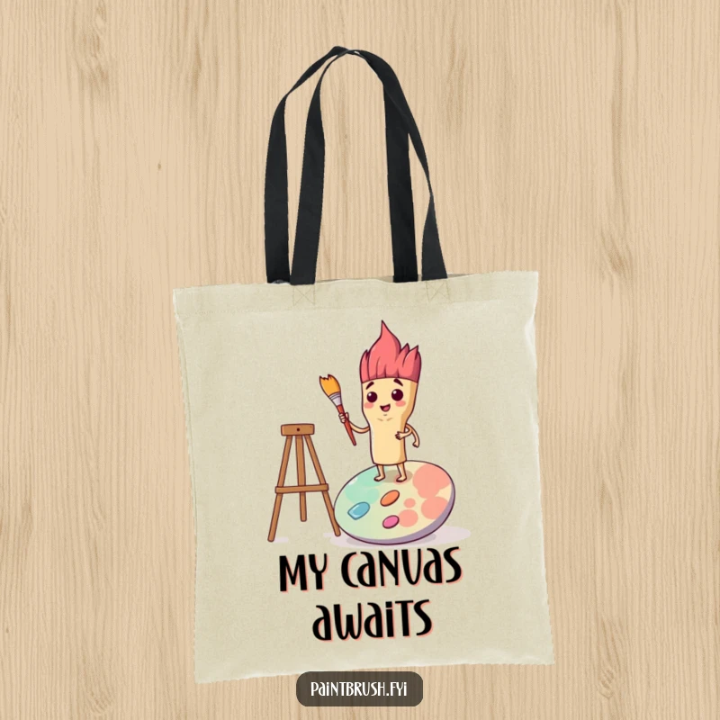 Funny tote bag featuring a determined paintbrush character standing tall on a colorful palette, ready for any art mission.